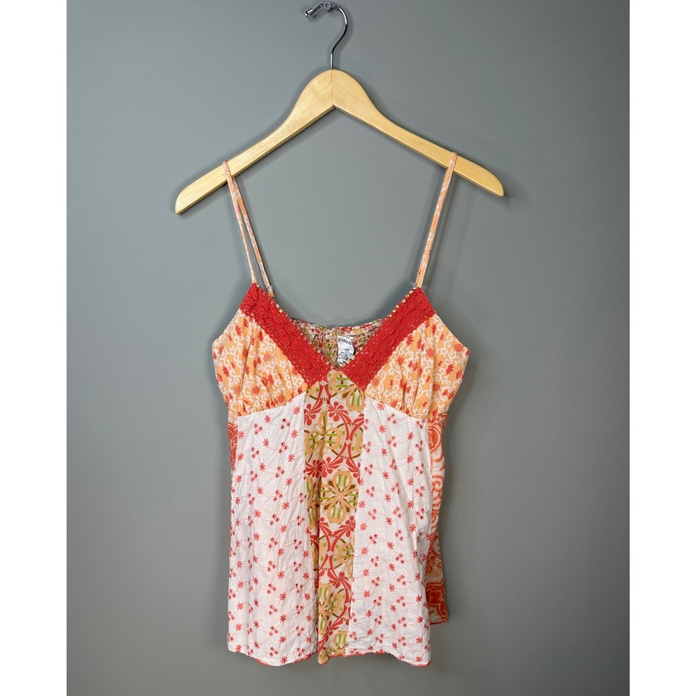 No Boundaries Cami Top Juniors L (11/13) Orange Floral Patchwork Sequin Lace